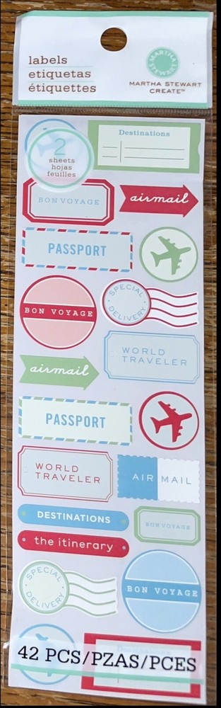 2 Shts Martha Stewart World Traveler Labels Passport Airplane Bon Voyage Airmail