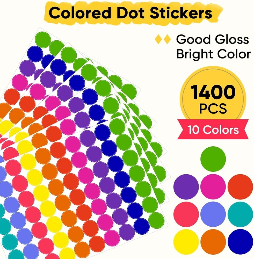 1400 Pcs Colored Dot Stickers 3/4 Inch Round Color Coding Labels 10 Color Cir US