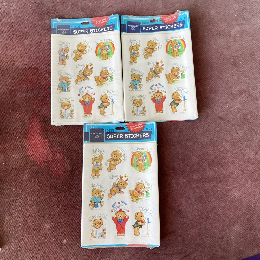 Hallmark Ambassador Vintage 80s Teddy Bear Stickers Lot of 3 Encouragement