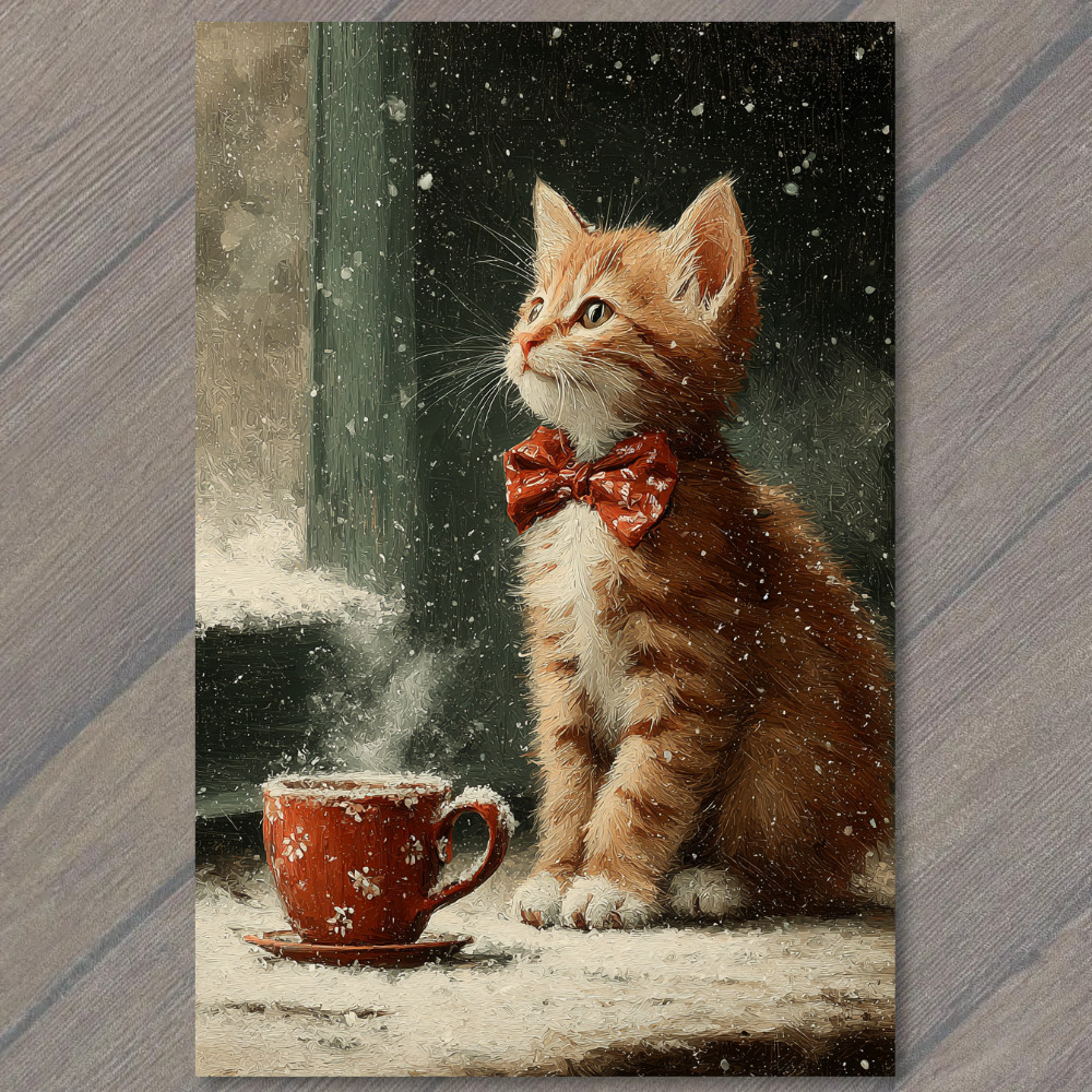 STICKER Kitten Red Bow Snow Coffee Cup Window Winter Cat Cute Holiday Cozy Chr