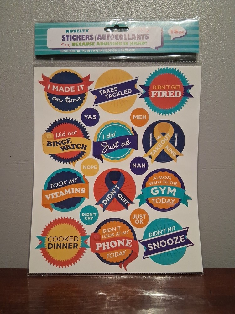 Novelty Adult Stickers/Autocollants Because Adulting is Hard 18 Pc. Total