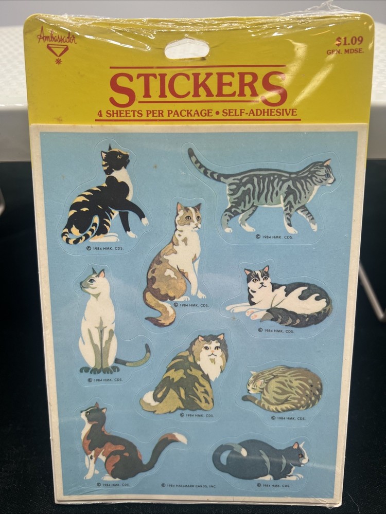 Vintage Ambassador Stickers Cats 1984 1980s Hallmark Sealed 4 Sheets