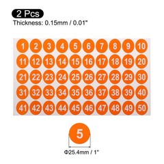 2 Sheets Round Number Stickers 1-50 Consecutive Number Labels Orange 1″ Each