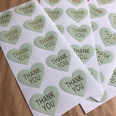 50 Heart Thank You Stickers On Glossy Mint Paper With Gold Lettering