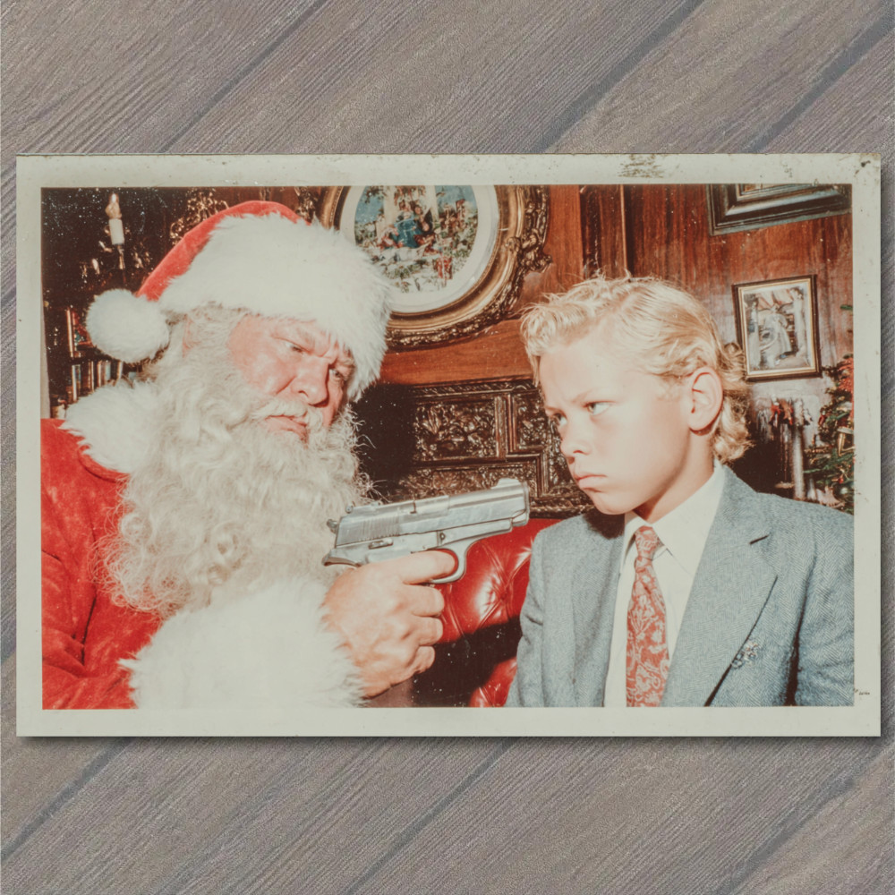STICKER Santa Pointing Gun Christmas Humor Retro Dark Comedy Holiday Crime Par