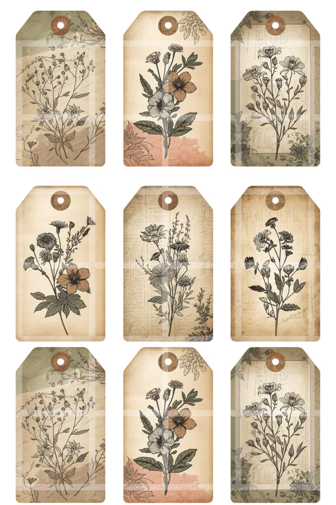 Vintage Floral Tags Junk Journal Collage Sheet Scrapbook Card Toppers Crafts