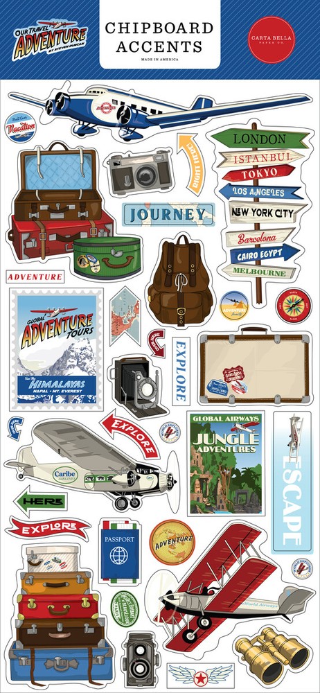Carta Bella Paper OUR TRAVEL ADVENTURE 6×13 Sheet of Chipboard Accents