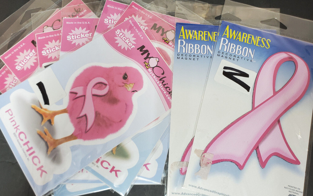 5 Large Pink Chicks 2 Large Pink Ribbon Stickers Breast Cancer Awareness