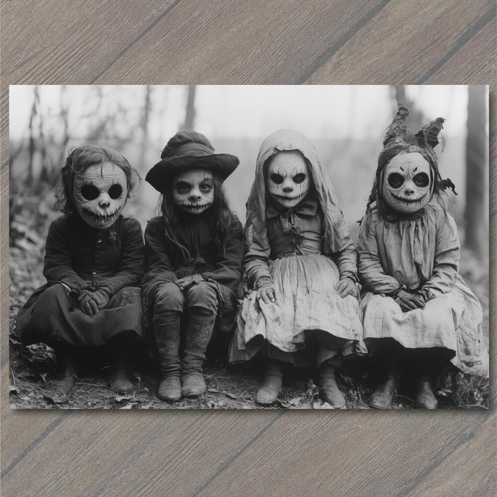 STICKER Children in Eerie Creature Masks Strange Old-Fashioned Halloween Kids