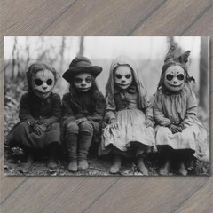 STICKER Children in Eerie Creature Masks Strange Old-Fashioned Halloween Kids
