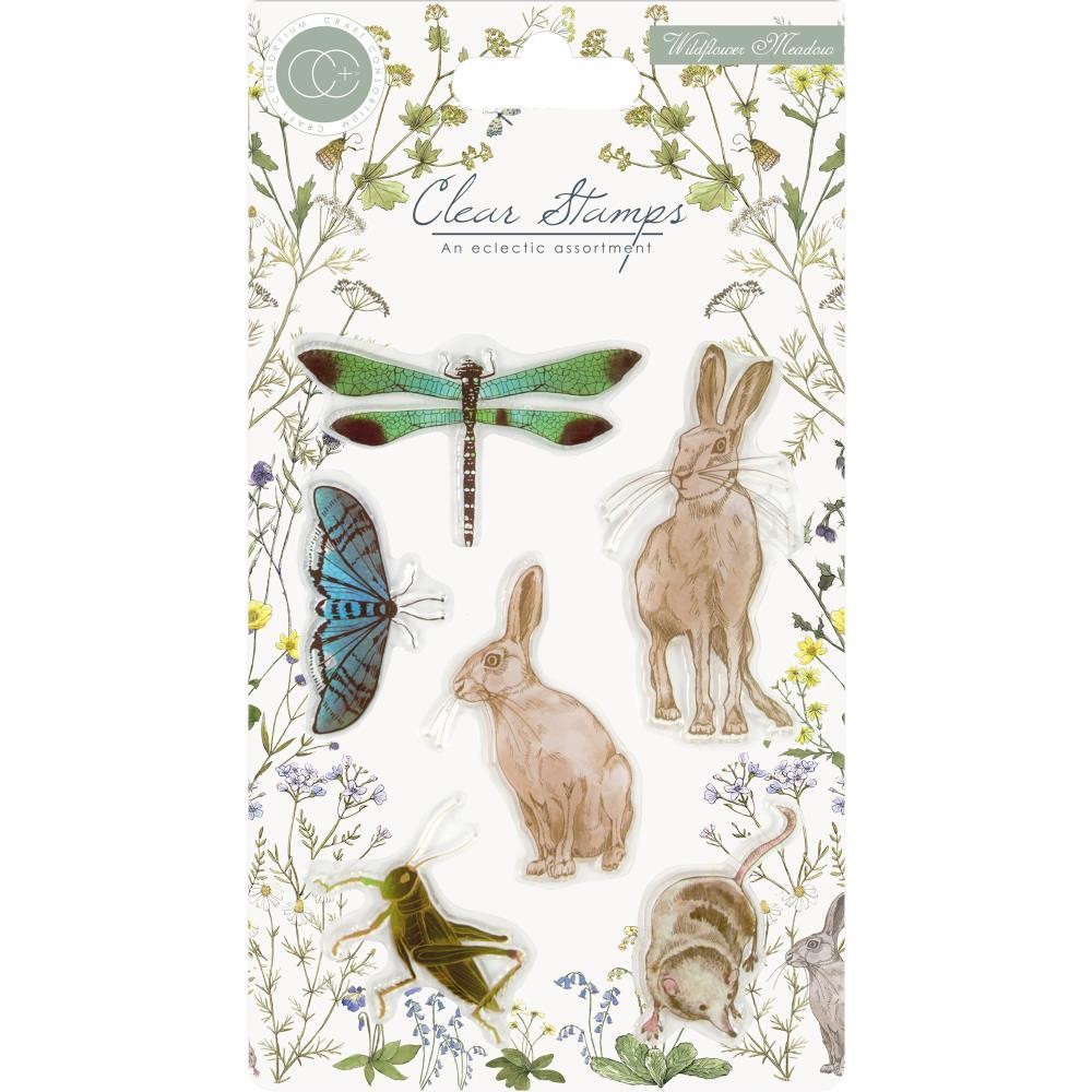 New Craft Consortium Clear Rubber Stamp WILDFLOWER MEADOW ANIMALS free USA ship