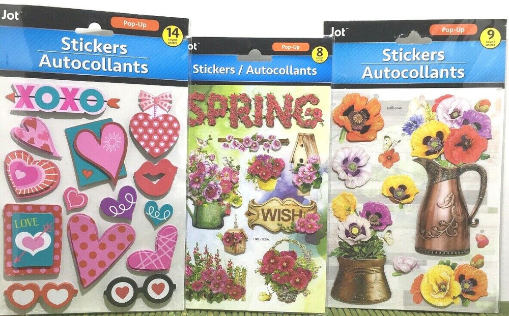 JOT 3 Packages Scrapbooking Stickers Spring Flowers Watering Cans Hearts Love XO