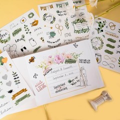 Romantic Gold-Green Waterproof Stickers Set – 8 Sheets for DIY Wedding Projects