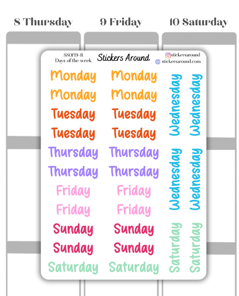 Rainbow Days of the Week Script Planner Sticker, Journaling Stickers