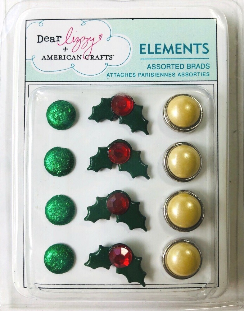 American Crafts Elements Dear Lizzy Christmas Asst. Brads Holly 85514 – NEW