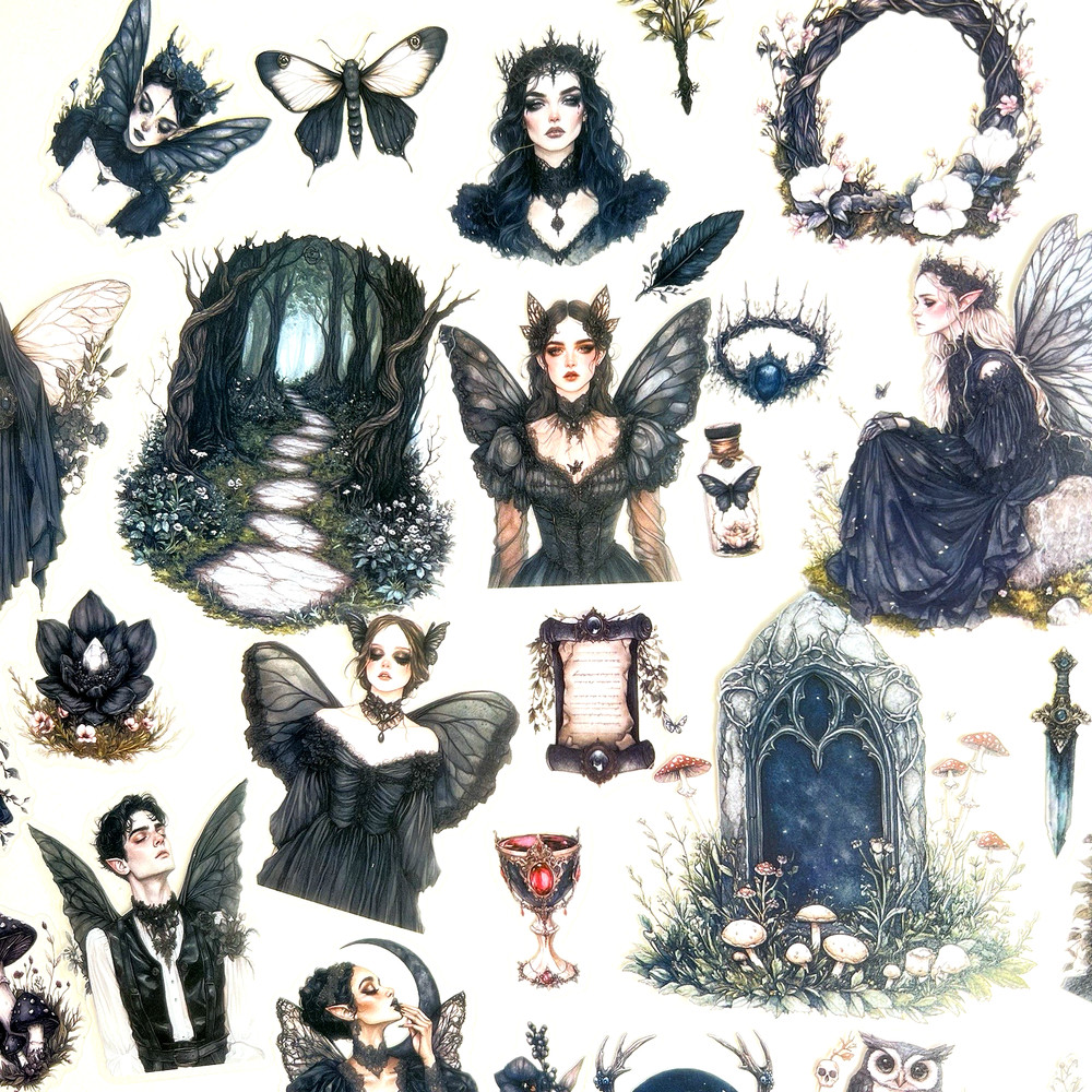 Dark Goth Forest Fairy Stickers Junk Journal Collage Scrapbooking