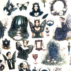 Dark Goth Forest Fairy Stickers Junk Journal Collage Scrapbooking