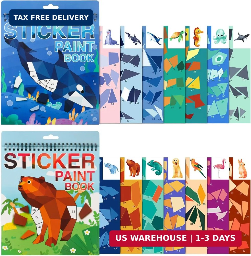 2PCS Sticker Paint by Number Books for Kids Animal & Ocean Activity Set