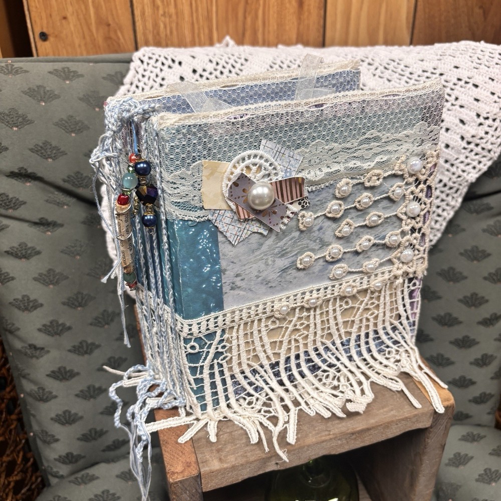 Handmade Junk Journal Blue Ocean Seashell Beach Theme Boho Pearl Scrapbook Craft