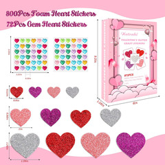 872 Pcs Valentines Heart Stickers, 3 Sizes 5 Colors Self-Adhesive Glitter Foam H