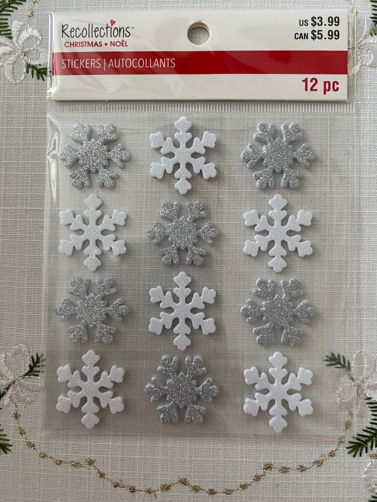 RECOLLECTIONS CHRISTMAS STICKERS GLITTER SNOWFLAKES 12 PC EMBELLISHMENTS