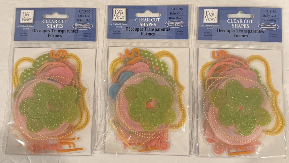 Deja Views Clear Cut Shapes Glitter Accents Baby Girl Scrapbook 3pk