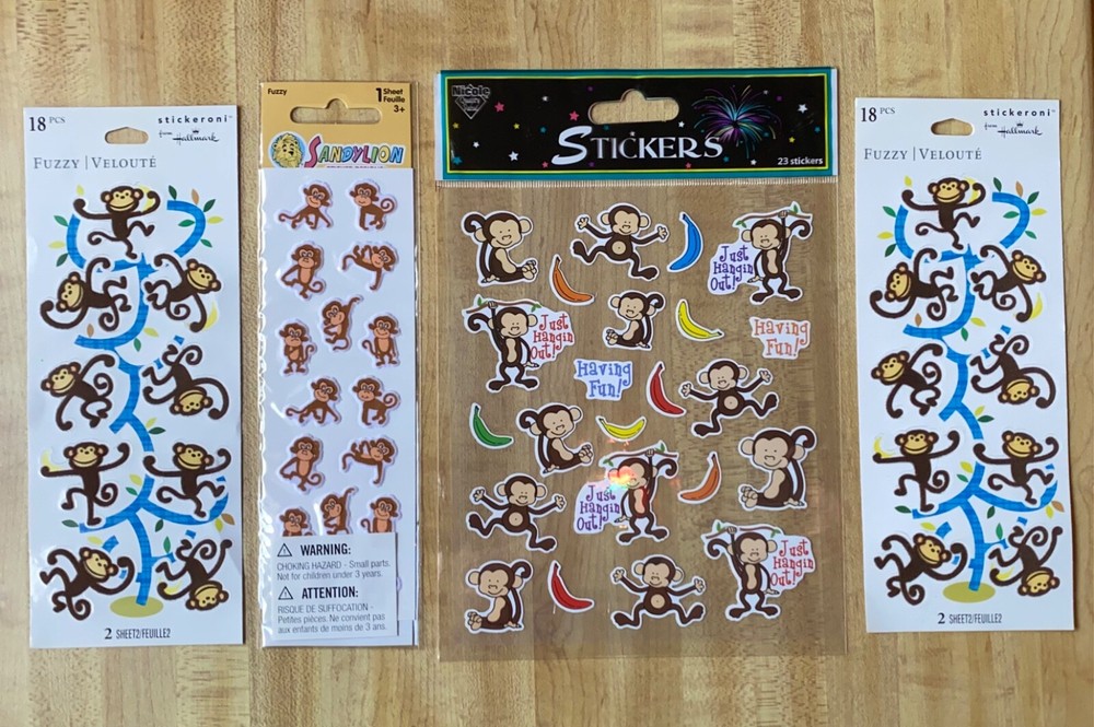 MONKEY Sticker LOT OF 4 Sheets Fuzzy Sandylion Hallmark & Nicole Crafts 🐒