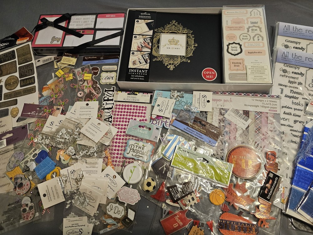 Large Lot of Scarpbooking Supplies Stickers Rub On Words Decorations Stencils