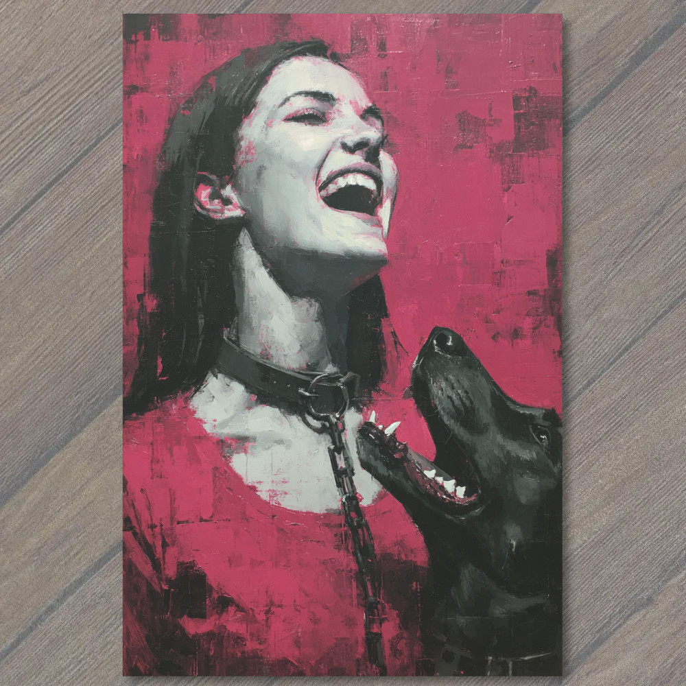 STICKER Woman Laughing Dog Chain Collar Bold Red Energy Emotional Modern Style