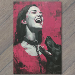 STICKER Woman Laughing Dog Chain Collar Bold Red Energy Emotional Modern Style
