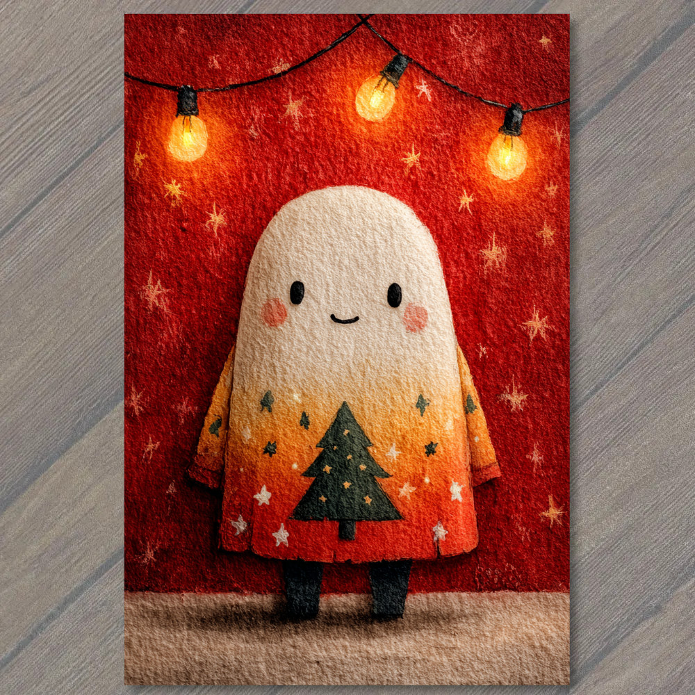 STICKER Cute Ghost Character Christmas Tree Lights Red Background Holiday Joy