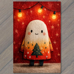 STICKER Cute Ghost Character Christmas Tree Lights Red Background Holiday Joy