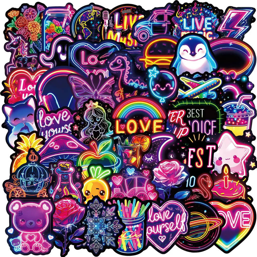 10/30/50PCS Kawaii Neon Lamp Sticky PVC Sticker Phone Aesthetic DIY Decoration S