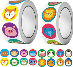 2 Rolls Animal Stickers, 1000 PCS round Stickers, 16 Designs for Toddlers