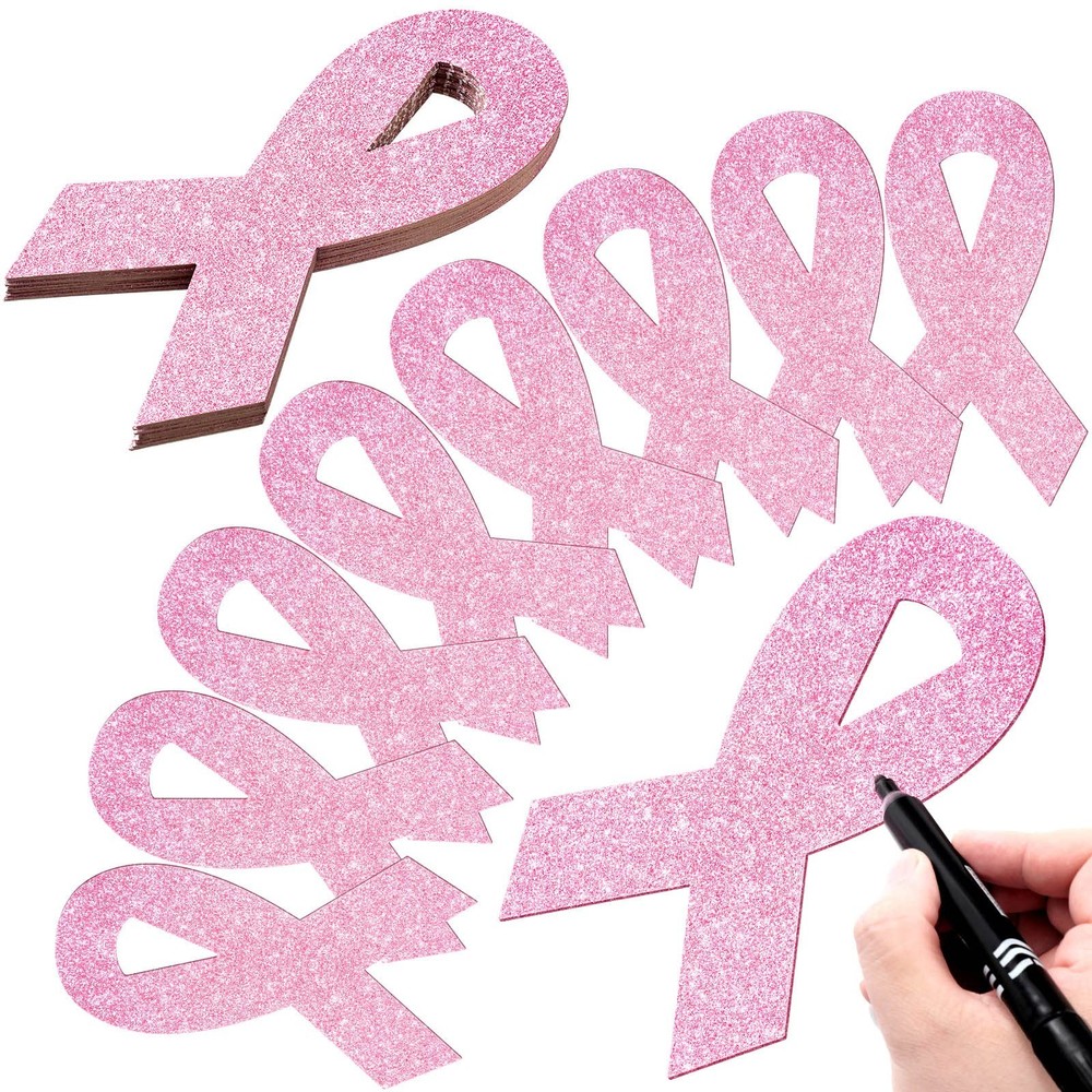 80 Pcs Pink Ribbon Cutouts Breast Cancer Awareness Glitter Paper Cutouts 7.9 …