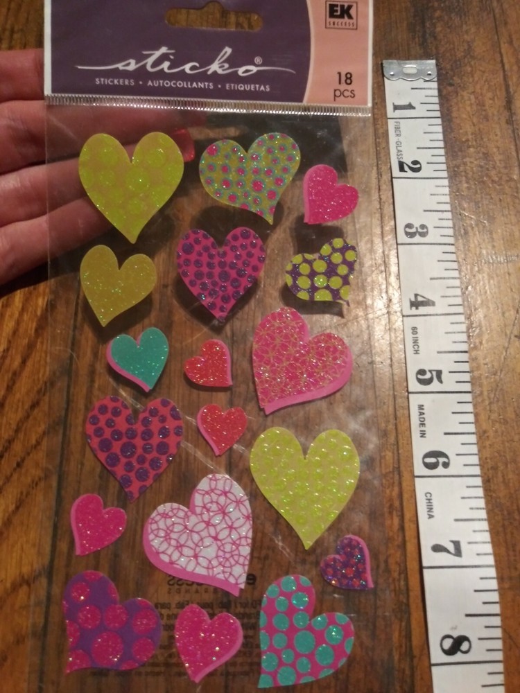 Sticko Stickers Valentines Glitter Hearts Pink Purple Green Blue Dots Circles