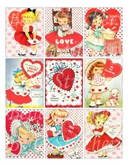 Set of 9 Retro Vintage Valentine’s Day Little Girls STICKERS – Just Cut & Use!