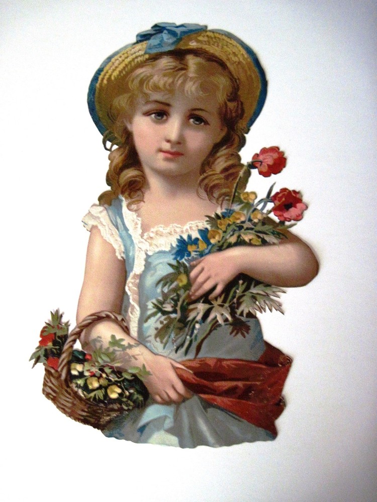 Large Beautiful Die Cut of Girl Holding Flowers Wearing Straw Hat w/Blue Bow *