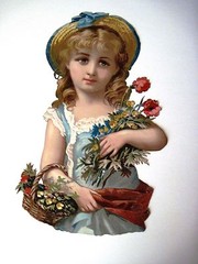 Large Beautiful Die Cut of Girl Holding Flowers Wearing Straw Hat w/Blue Bow *