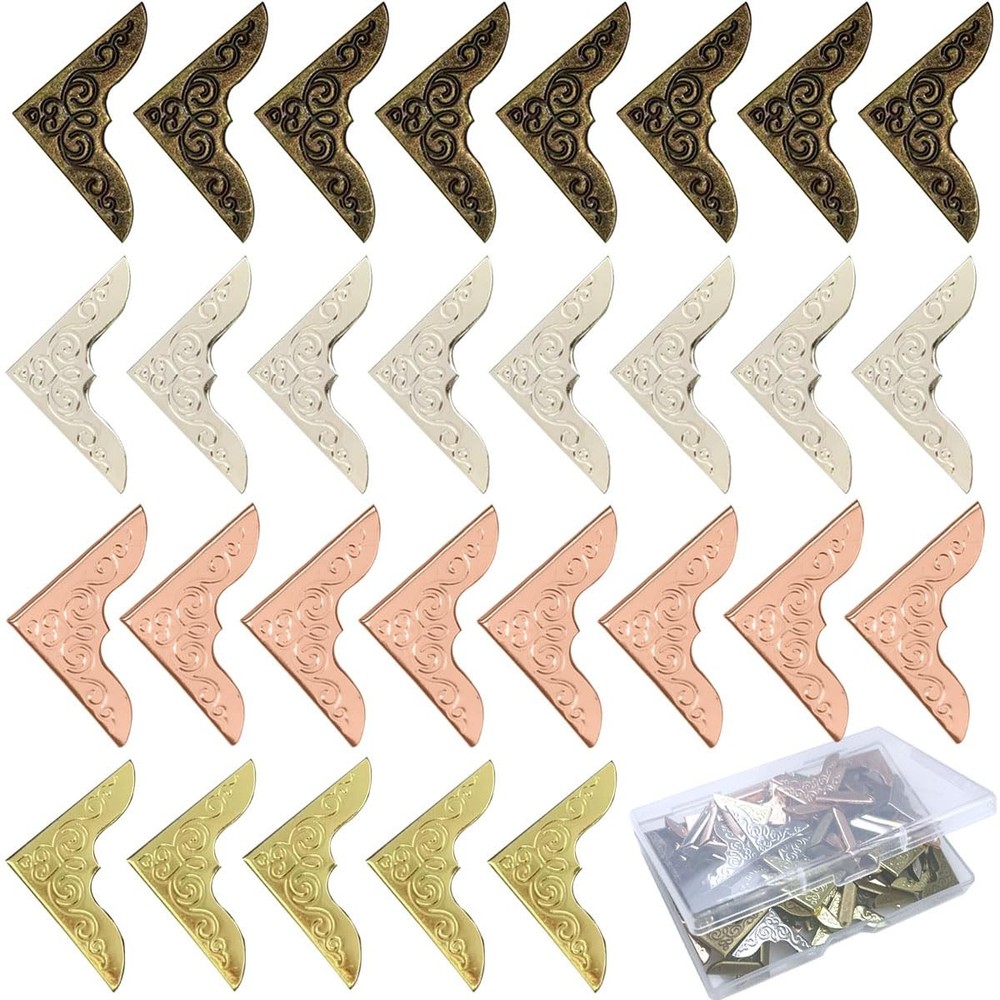 Retro Book Corner Protectors Metal Scrapbook Album Decor With Storage Box 80 PCS