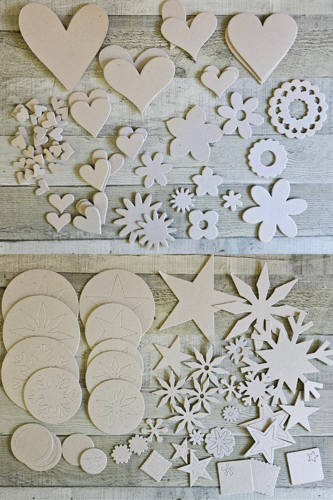 Lot of over 100 Kraft Chipboard Pieces Shapes – Heart Flower Star Snowflake