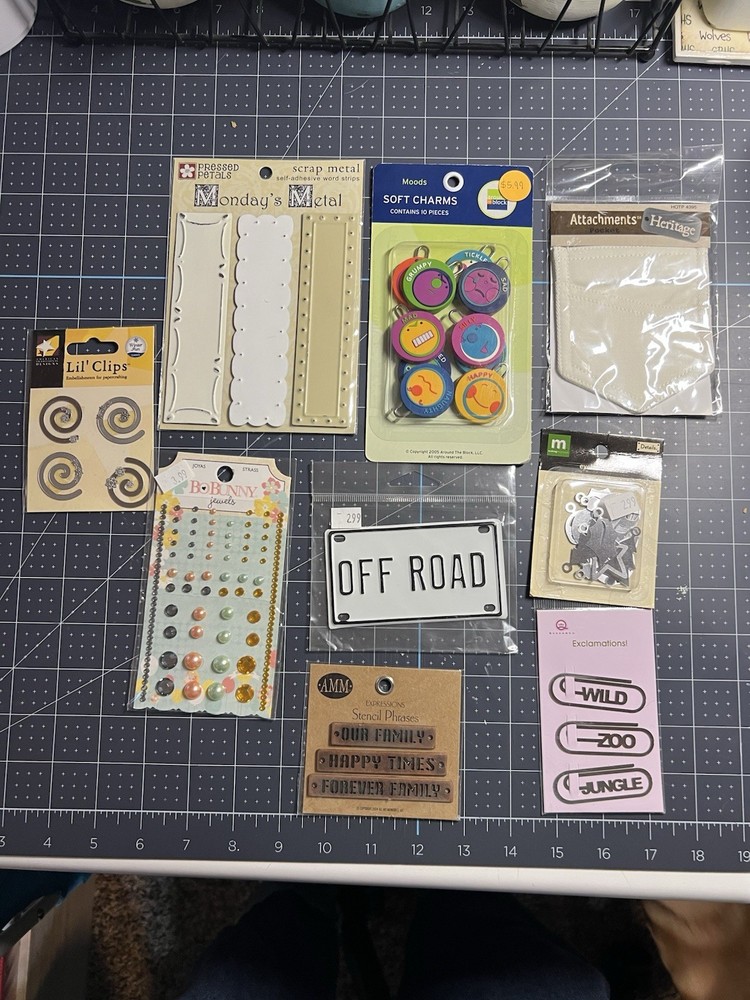 Mixed Lot of Scrapbooking Crafting Embellishments, Soft charms, word clips,jewel