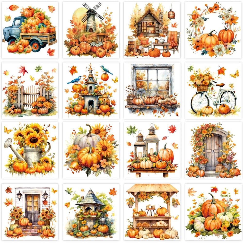 Whaline 16 Sheets Fall Rub on Transfer for Crafts Pumpkin Leaves Rub on Trans…