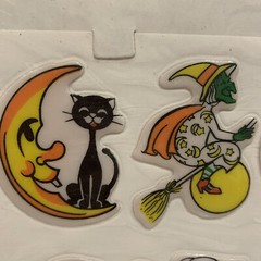 Vintage Halloween Puffy Stickers T Stick On Witch Cat Skeleton Pumpkin Set Of 2