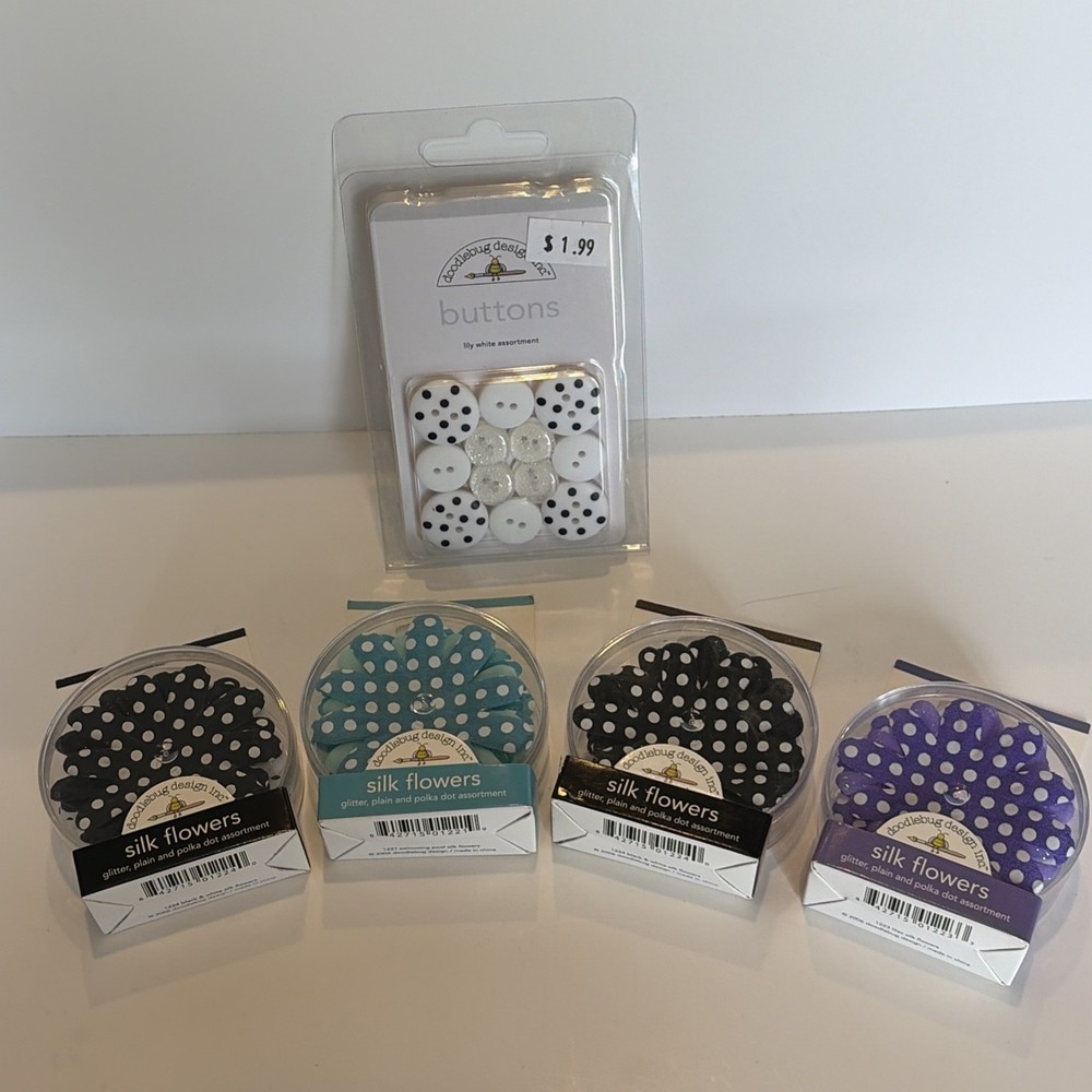 Lot Fabric Silk Flowers Black Teal Lilac Polka Dot & Buttons Pack Crafting NEW
