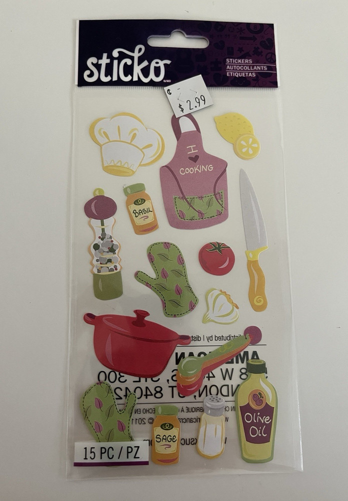 American Crafts sticko Cooking Cuisine Sticker Sheet Food Chef Theme 15 Pcs New