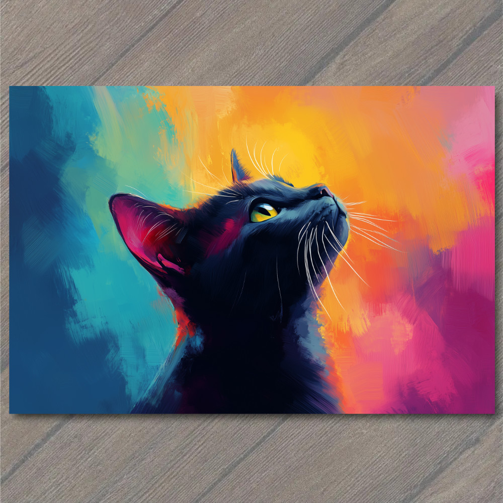 STICKER Black Cat Yellow Eyes Bold Whiskers Colorful Blue Orange Pink Backdrop
