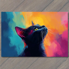 STICKER Black Cat Yellow Eyes Bold Whiskers Colorful Blue Orange Pink Backdrop