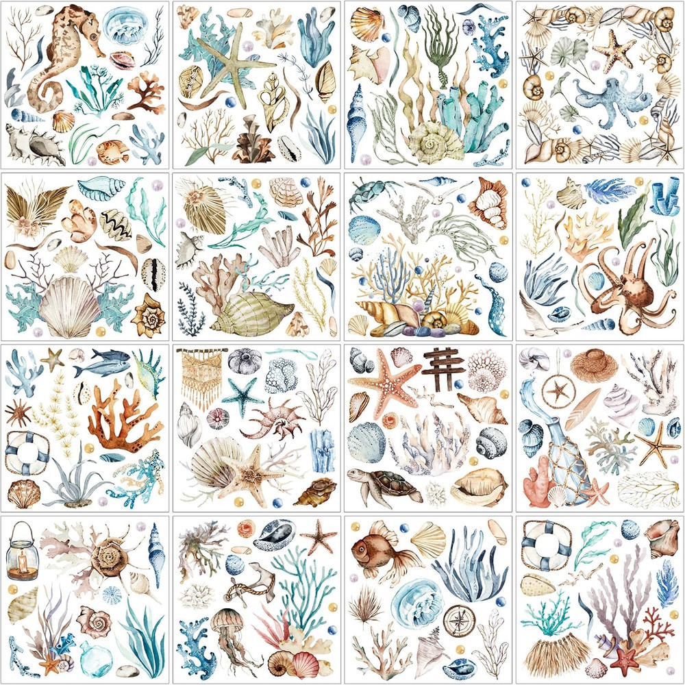 16 Sheets Ocean Boho Rub on Transfers Stickers Mixed Sea Life Rub on Transfers f