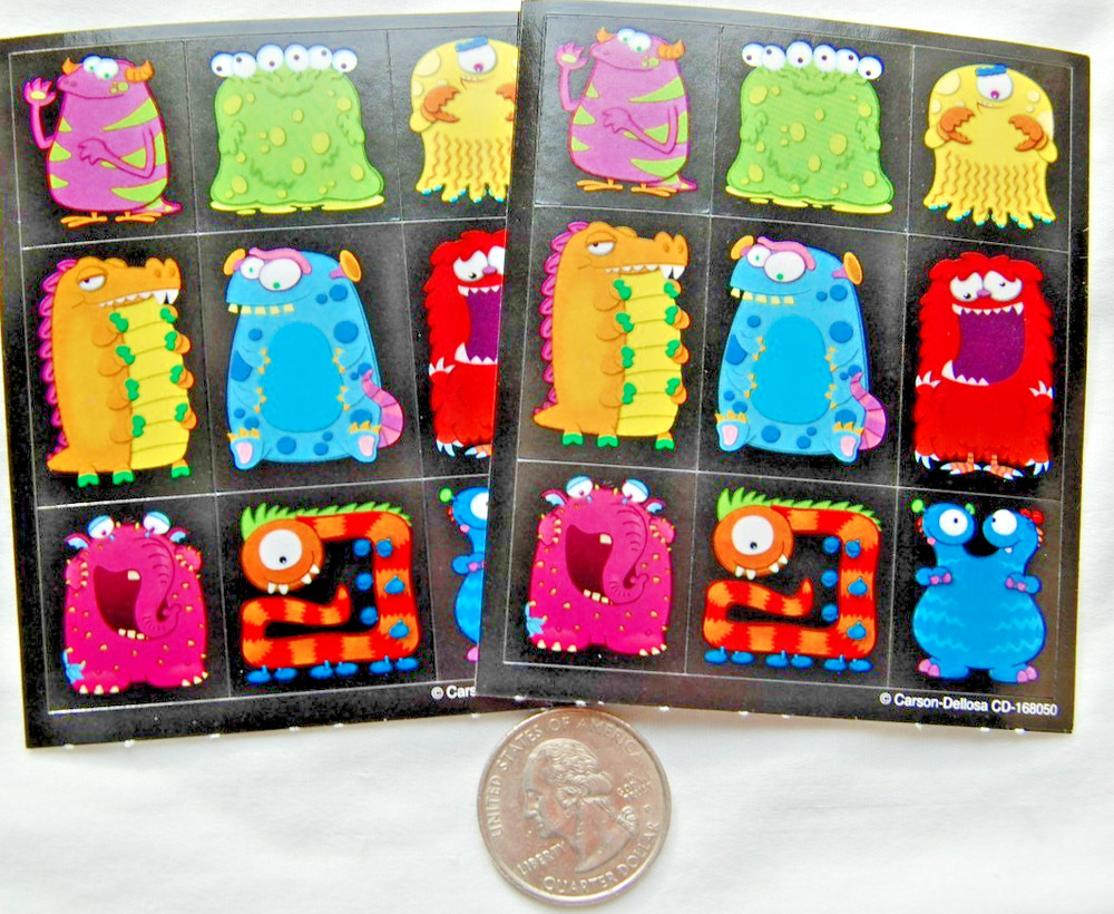 set 2 small Carson-Dellosa MONSTER stickers cartoon funny colorful funky eyes